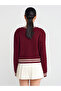 60945 Crew Neck Striped Buttoned Knitwear Cardigan-Claret Red-Ecru - 2