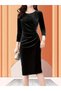Women's Long Sleeve Open Collar Side Gathered Stone Detail Midi Velvet Dress - 4