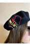 Valentine's Day Gift Handmade Red Yellow Heart Flower Embroidered Black Painter Beret - Design - 5