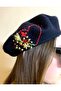 Valentine's Day Gift Handmade Red Yellow Heart Flower Embroidered Black Painter Beret - Design - 2