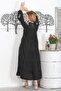 Black Prevailing Collar Balloon Sleeve Skirt Frilly Tassel Embroidered Casual Woven Dress - 8