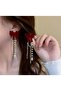 Burgundy Dangle Stoned Pearl Velvet Bow Earrings