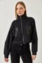 Women's Black Leather Pocket Detailed Diving Fabric Stand Collar Jacket Mbms044 60501044 - 4