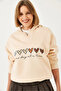 Women's Beige Hooded Three-Yarn Raster Colorful Heart Printed Sweatshirt 60601040 - 4