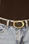 Gold Color Ellipse Model Metal Buckle Black Faux Leather Belt - 3
