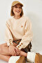 Women's Beige Crew Neck Heart Embroidered Three Thread Ribbed Sweatshirt 60251933 - 2