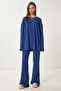Comfortable Ribbed Knitted Blouse and Trousers Set Cobalt Blue Lrg0014 - 2