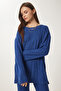 Comfortable Ribbed Knitted Blouse and Trousers Set Cobalt Blue Lrg0014 - 3