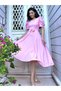Watermelon Pink Crepe Midi Length Flared Dress with Sleeves