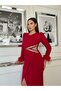 Women's Imported Crepe Fabric Side Stone Embroidery Sleeves Ostrich Detail Slit Lined Special Design Dress
