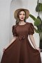 Brown Watermelon Sleeve Flared Midi Length Crepe Dress - 2