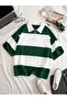 Unisex Green Striped Oversize Polo Neck Half Zipper T-Shirt