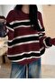 Women's Burgundy Thick Striped Oversize Burgundy Knitwear Sweater - 5