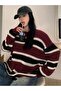 Women's Burgundy Thick Striped Oversize Burgundy Knitwear Sweater - 4