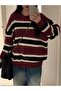 Women's Burgundy Thick Striped Oversize Burgundy Knitwear Sweater - 7