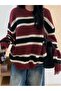 Women's Burgundy Thick Striped Oversize Burgundy Knitwear Sweater - 3