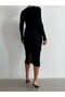 Women's Long Sleeve Black Color Heart Collar Skirt Knitwear Dress with Slit at the Back - 4