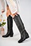 Black Leather Cowboy Style Boots with Embroidered Toe and Sides