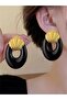 Large Oval Gold Seashell Earrings with Black Enamel - 3
