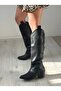 Black Leather Cowboy Style Boots with Embroidered Toe and Sides - 7