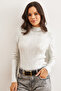 Women's White Stand Collar Diamond Patterned Metallic Knitwear Sweater Kzk- 19000943 - 3