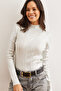 Women's White Stand Collar Diamond Patterned Metallic Knitwear Sweater Kzk- 19000943 - 5