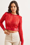 Women's Red Openwork Metallic Knitwear Blouse Blz- 19002527 - 2