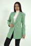 Mint Green Women's Blazer Jacket - Atlas Fabric with Padded Shoulders and Snaps on the Front - 3