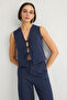 Lacivert Fiyonklu Keten Görünümlü Bluz Ve Wide Leg Pantolon Dokuma Alt-Üst Takım TWOSS25AU00034 - 3