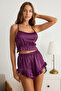 Mürdüm Fırfırlı ve Sırt İp Askılı Saten Şortlu Dokuma Pijama Takımı THMSS23PT00048 - 5