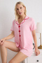 Pembe Kalp Nakışlı Biye Detaylı Viskon Şortlu Dokuma Pijama Takımı THMSS25PT00002