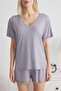 Gray Lace and Lacing Detailed Shorts Knitted Pajamas Set Thmss25Pt00012 - 4