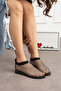 Women's Black Mesh Stone Detailed Elastic Oliva Model Flat Sole Slippers Sandals - 5