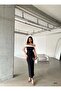 Women's Black Strapless Neckline Bow Detail Two-Tone Maxi Evening Dress - 5