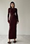 Brown Stretchy Fabric See-Through Detail Long Sleeve Back Slit Maxi Dress 275