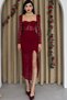 Women's Burgundy Lace Fabric Sleeves Transparent V-Neck Laced Design Slit Midi Dress 249 - 4