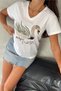 Women's White V-Neck Swan Sequin Sequin and Embroidery 100% Cotton T-Shirt - 2