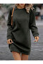 Round Neck Anthracite Dress - Solid Color, V Stitching Detail, Shoulder Pleat, Long Sleeve Midi Dress