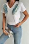 Women's White V-Neck Shoulder Leaf Sequin Sequin Embroidered 100% Cotton T-Shirt - 6