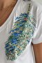 Women's White V-Neck Shoulder Leaf Sequin Sequin Embroidered 100% Cotton T-Shirt - 2