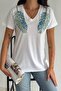 Women's White V-Neck Shoulder Leaf Sequin Sequin Embroidered 100% Cotton T-Shirt - 3