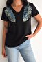 Women's Black V-Neck Shoulder Leaf Sequin Sequin Embroidered 100% Cotton T-Shirt