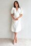 Atlas Fabric V-Neck Button Detail Short Sleeve Midi Length White Dress 153