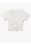 Drawstring Slim Fit V-Neck Short Sleeve Crop T-Shirt - 3