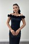 Atlas Fabric Floral Pearl Detail Pencil Dress - Black - 3