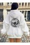 Women's White Disco Star Printed Hooded Hoodie Sweatshirt