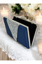 Navy Blue Satin Silver Stone Metal Handle Evening Dress Bag Evening Bag Engagement Wedding Bag - 3
