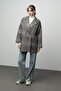 Plaid Patterned Double-Breasted Oversize Coat Gray 3020 - 3