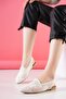 Women's White Lace Detailed Open Back Comfortable Knitted Embroidered Straw Ballerinas - 2