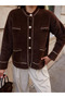 Brown Baby Collar Pearl Buttoned Double Pocket Cashmere Women's Knitwear Cardigan - 2
